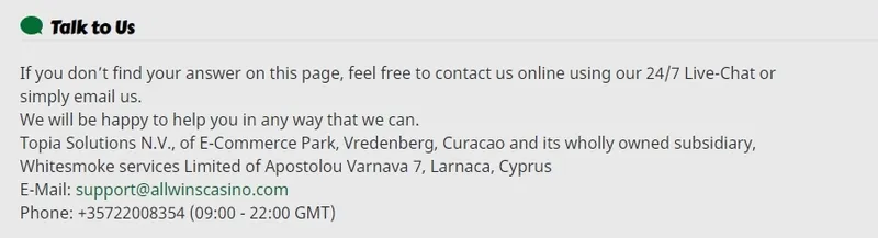Contact support at All Wings Casino