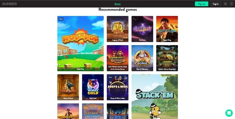 Popular games and slots at Dunder Casino