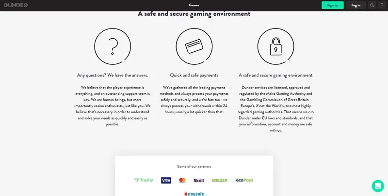 Available methods of payment at Dunder Casino